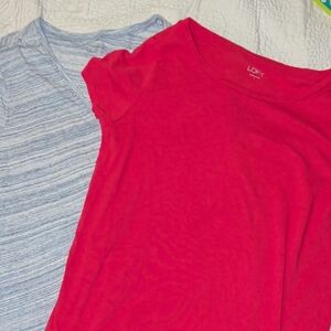 LOFT Bright Pink Tee & Heather Light Blue Stripe Short Sleeve Set